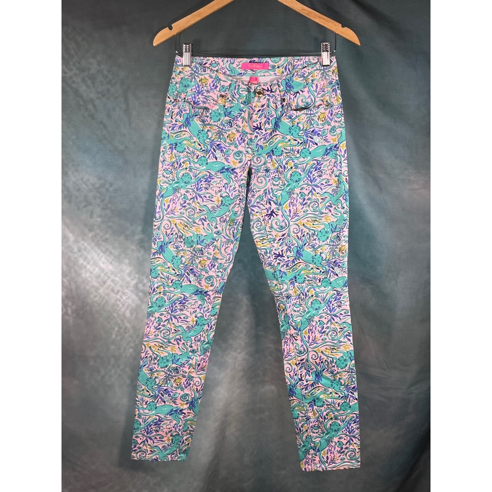 Lilly Pulitzer Worth Skinny Pant Catty Shack Pink‎ Blue Sea Cat Print Size 2 NWT